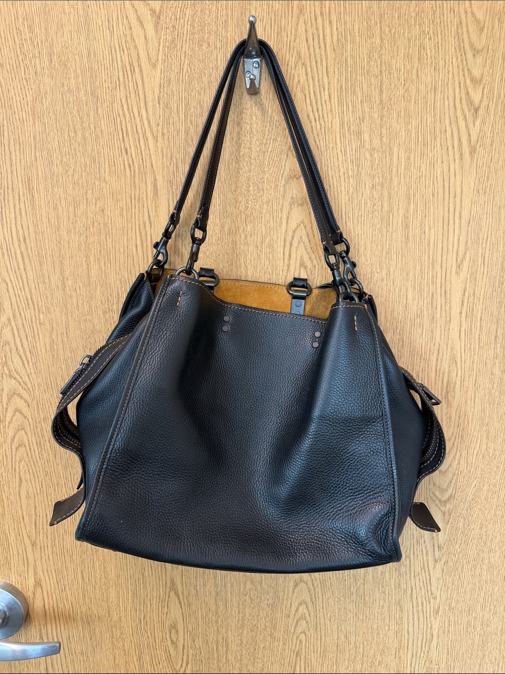 Coach Rogue 36 Black Leather w tan interior Bag & Whipstitch Handles